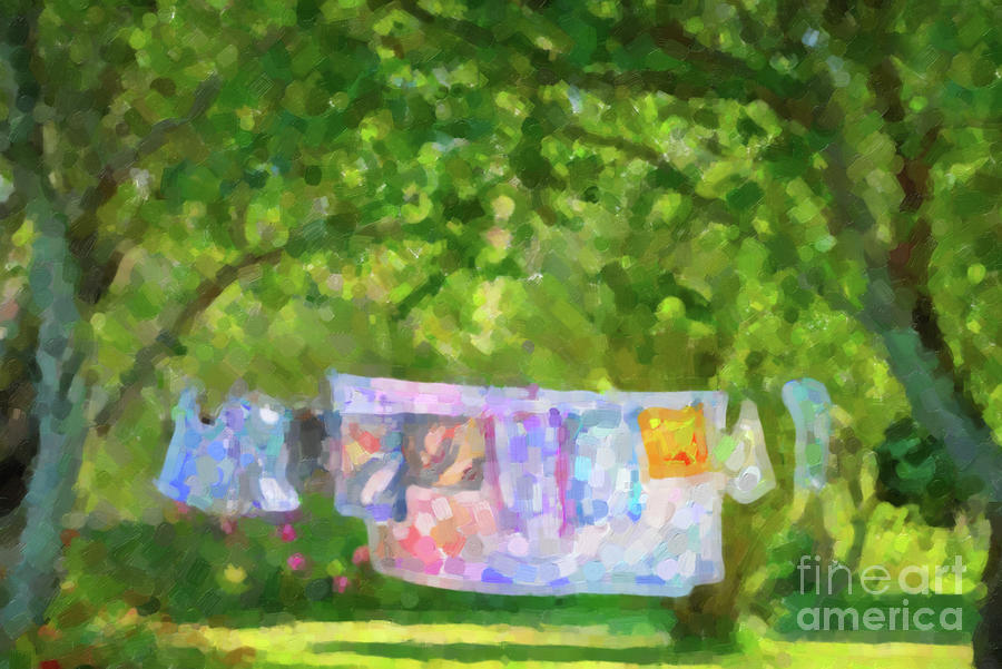 Laundry hanging in a garden Painting by Delphimages Photo Creations