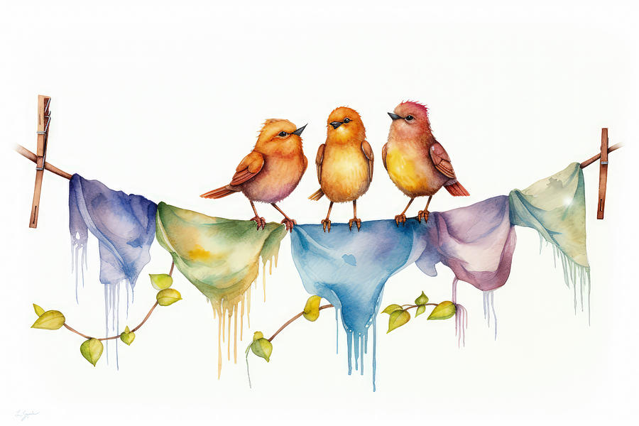 Laundry Painting - Laundry Lines with a Splash of Avian Fun by Lourry Legarde