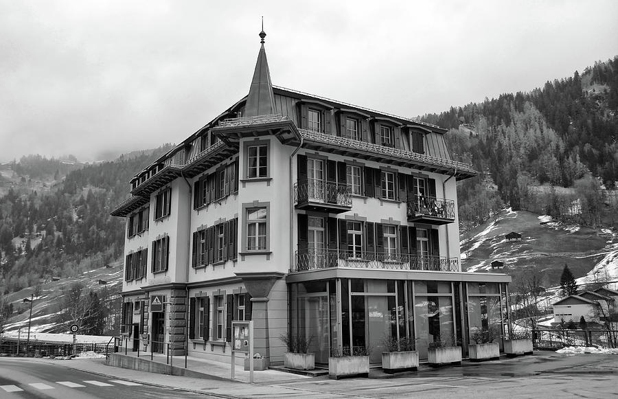 Lauterbrunnen Switzerland Town Architecture Jungfrau Region Black and White Photograph by Shawn OBrien
