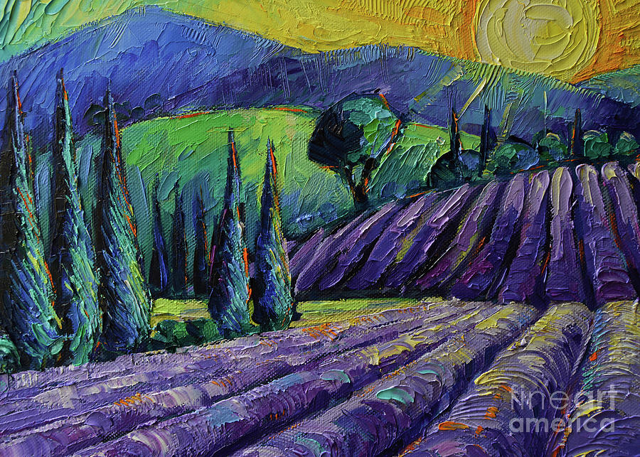 Sunflower Painting - LAVENDER AND CYPRESSES LOVE STORY palette knife oil painting Mona Edulesco by Mona Edulesco