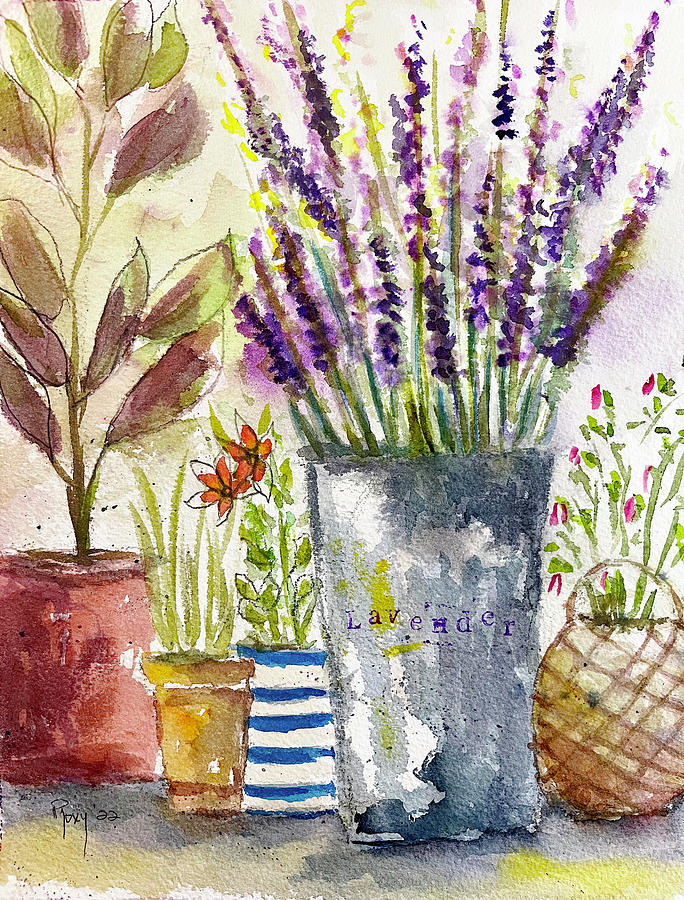 Lavender and Salvia Potted Garden Painting by Roxy Rich