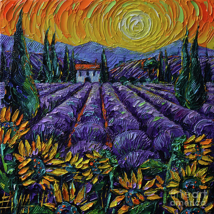 Sunflower Painting - LAVENDER AND SUNFLOWERS OF PROVENCE commissioned palette knife oil painting Mona Edulesco by Mona Edulesco