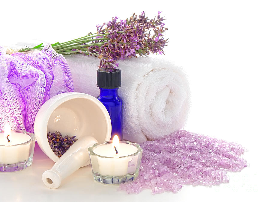 Lavender Aromatherapy Treatment Kit and Candle in a Spa Photograph by Olivier Le Queinec