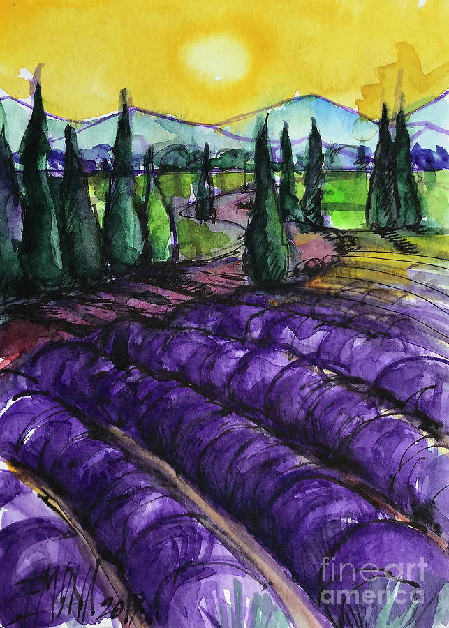 LAVENDER FIELD AT SUNRISE watercolor painting Mona Edulesco Painting by Mona Edulesco