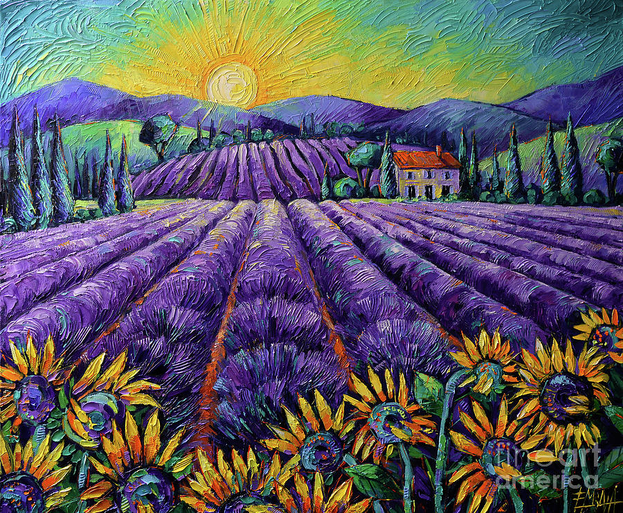LAVENDER FIELDS AND SUNFLOWERS - LIGHTS OF PROVENCE palette knife oil painting Mona Edulesco Painting by Mona Edulesco