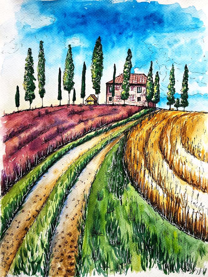 Lavender Fields and Tall Trees with a House Painting by Tanya Gordeeva