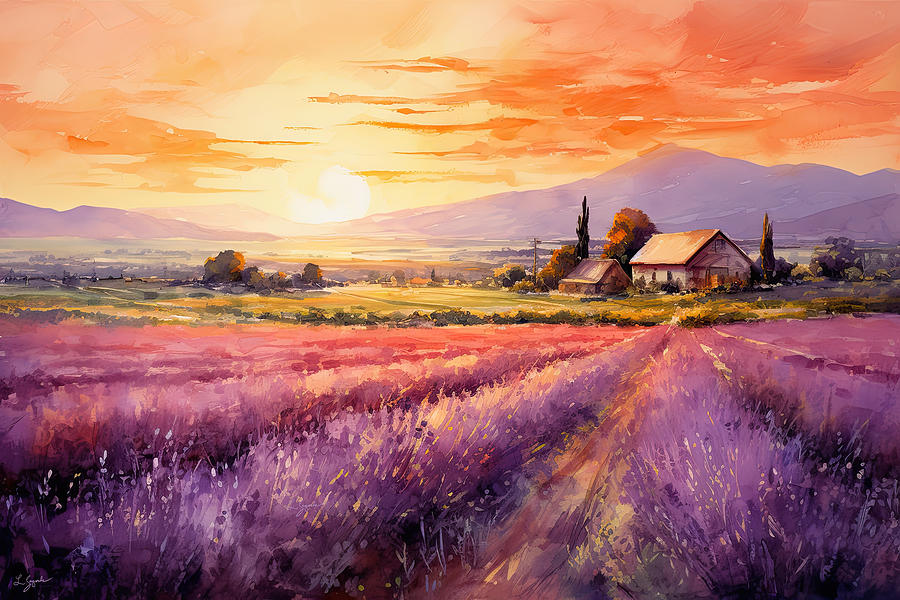 Lavender Fields at Sunset Art Painting by Lourry Legarde