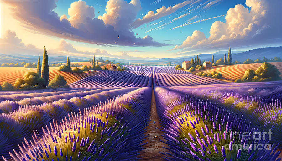 Nature Digital Art - Lavender Fields in Provence, Endless rows of lavender in the South of France by Jeff Creation