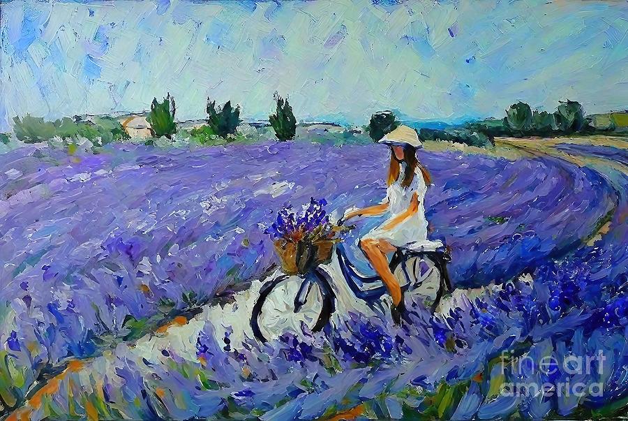 Unique Painting - Lavender  Provence  Painting pronance salana beautiful picture unique impasto linen canvas girl knife lavender aromatherapy beautiful beauty bicycle blossom bouquet colorful countryside dress by N Akkash
