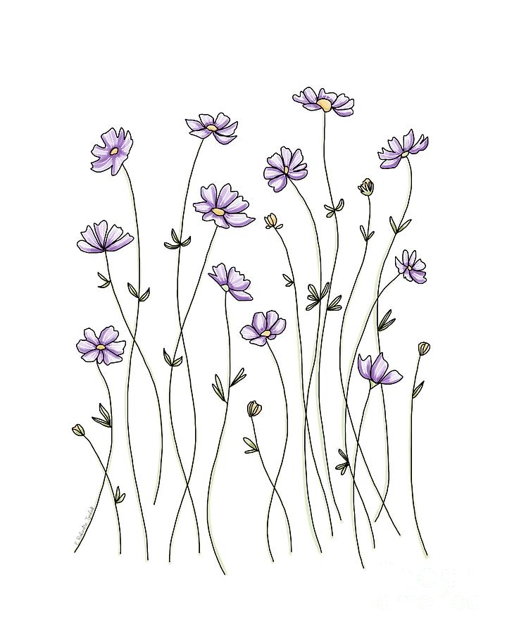 Lavender Wildflowers Line Art Painting by Elizabeth Robinette Tyndall