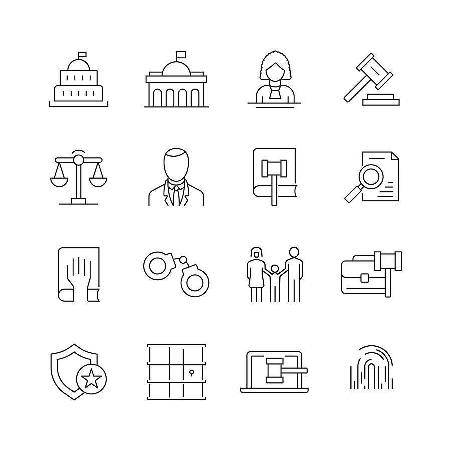 Law and Justice - Set of Thin Line Vector Icons Drawing by Cnythzl