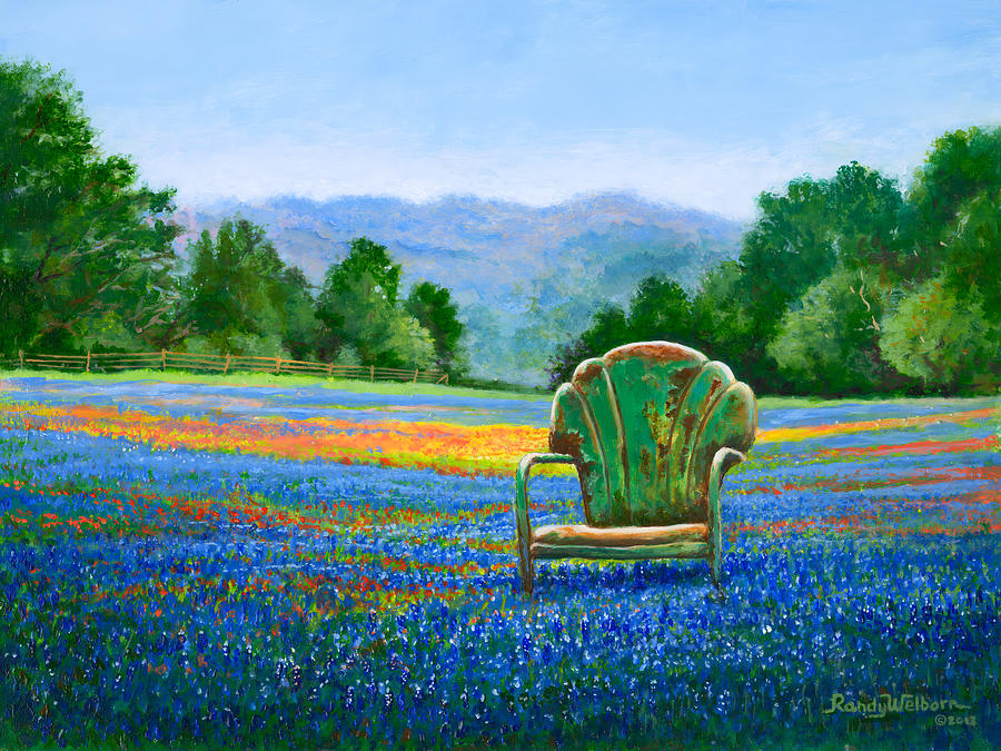 Lawn Chair with Bluebonnets Painting by Randy Welborn