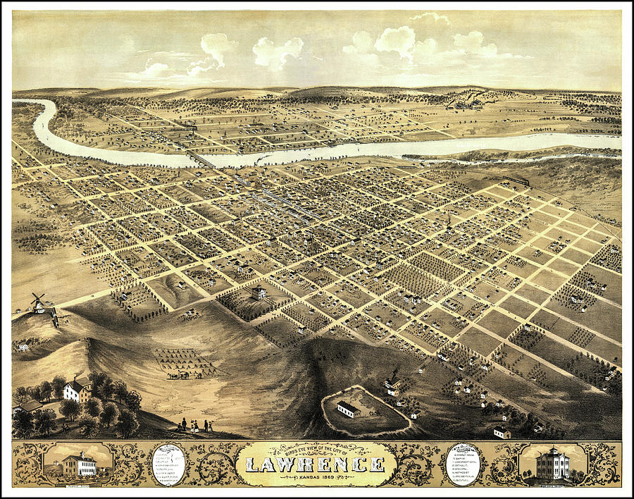 Lawrence Kansas Vintage Map Birds Eye View 1869 Photograph by Carol Japp
