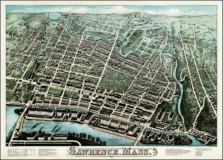 Lawrence Massachusetts Vintage Map Birds Eye View 1876 Photograph by ...