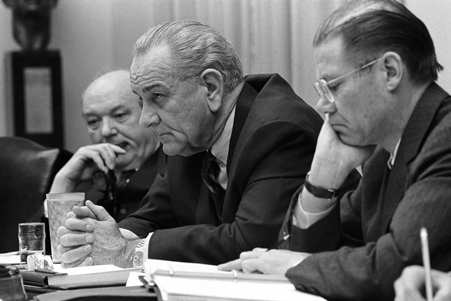 LBJ with Dean Rusk and Robert McNamara - 1968 Photograph by War Is Hell Store