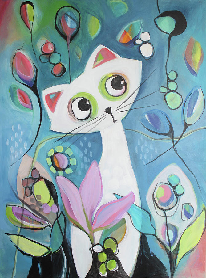 Summer Painting - White Cat in the Garden by Johanna Virtanen