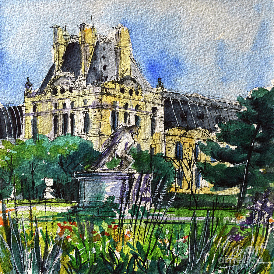 Garden Painting - LE LOUVRE - Tuileries Gardens - watercolor painting Mona Edulesco by Mona Edulesco
