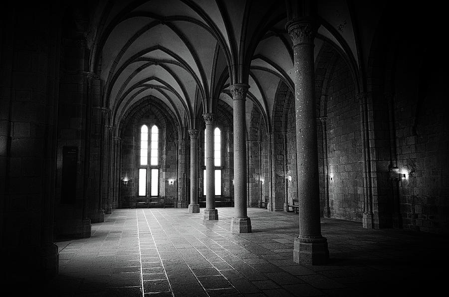 Le Mont Saint Michel Abbey Salle des Hotes Interior Northern France Black and White Photograph by Shawn OBrien