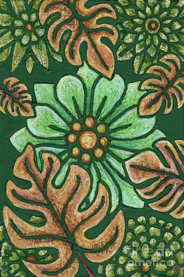 Leaf And Design Forest Green 5 Painting by Amy E Fraser