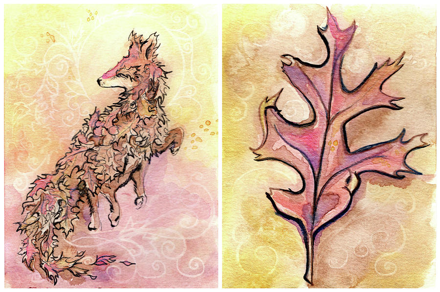 Leafy Fox And Leaf Diptych Drawing