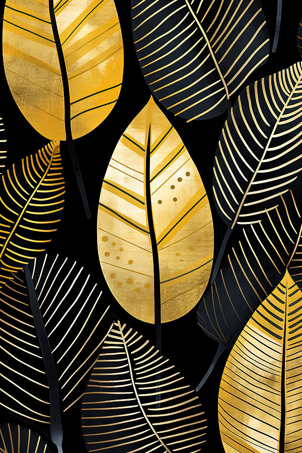 Leafy Marvels - Black and Gold Leaf Art Painting by Lourry Legarde