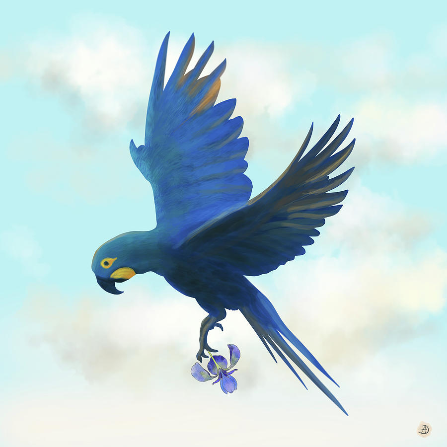 Lears Macaw with an Orchid Digital Art by Andreea Dumez