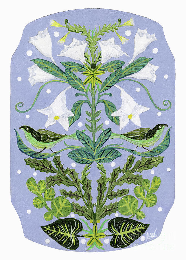Leaves and Lilies with Birds, French Inspired Design  Painting by Lise Winne