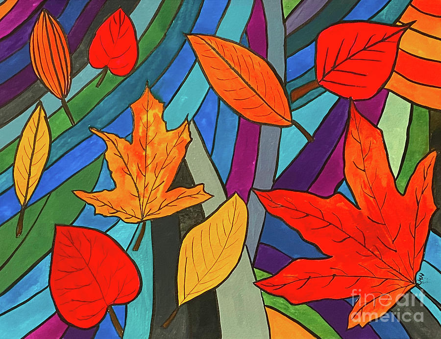Leaves and Stripes Mixed Media by Lisa Neuman