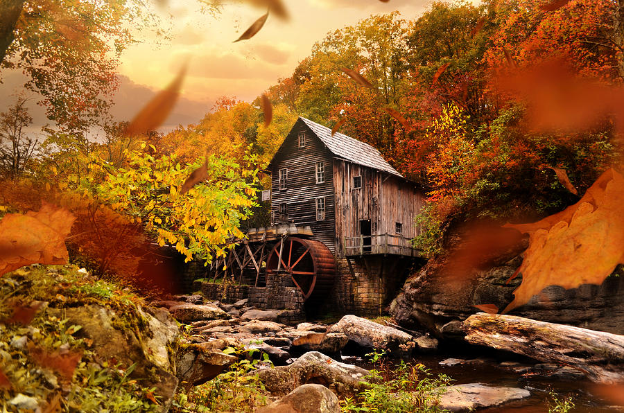 Leaves Fall on Old Wooden Mill Photograph by Lisa Lambert-Shank