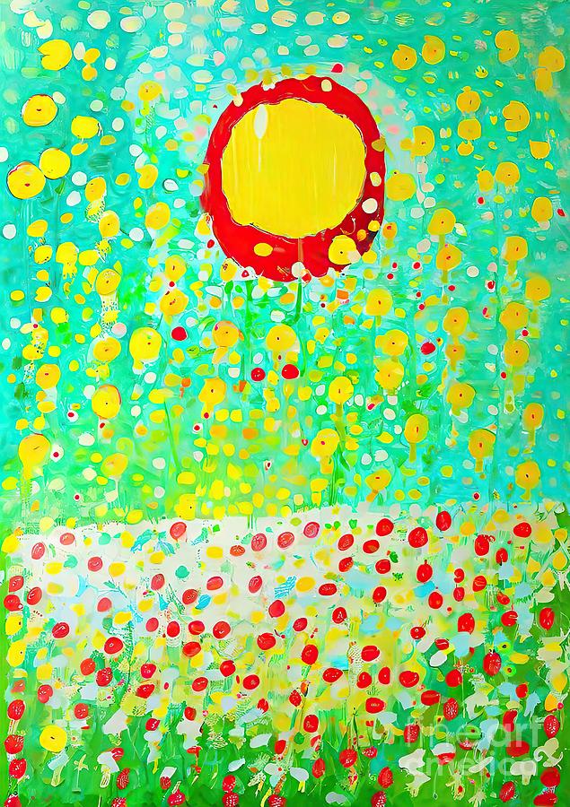 Abstract Painting - LEAVES OF GRASS Painting yellow whitman grass green leaves abstract acrylic art artist attraction backgrounds blue bright brush canvas circle close up colours contemporary creativity decorative deep by N Akkash