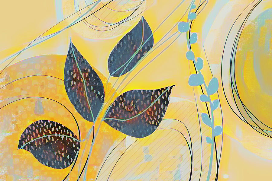 Leaves On Yellow - abstract art Painting by Ann Powell