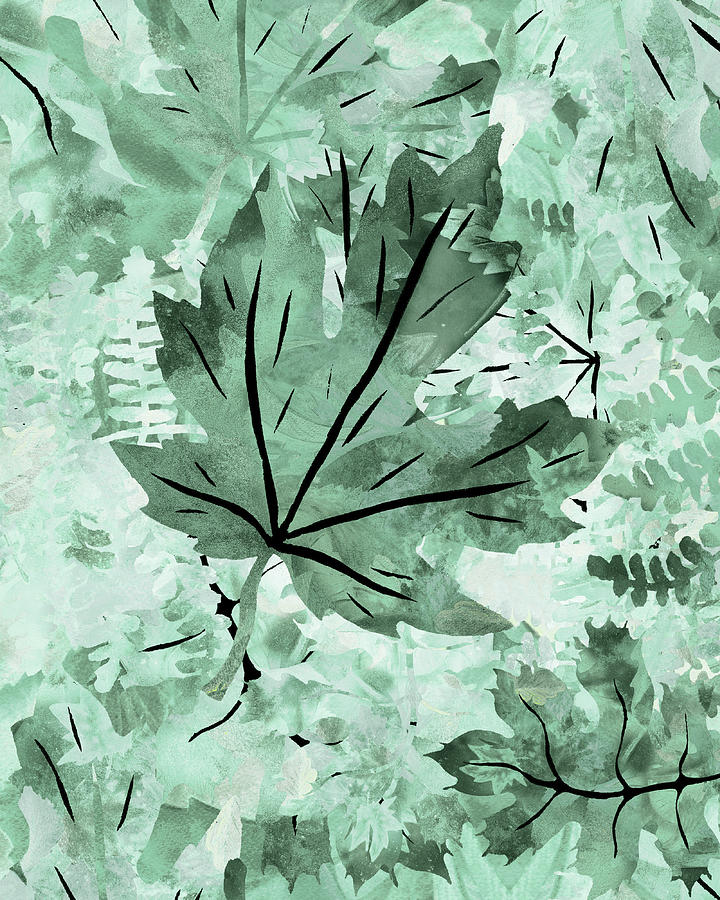 Leaves Serenade Organic Nature Teal Gray Monochrome Watercolor I Painting by Irina Sztukowski