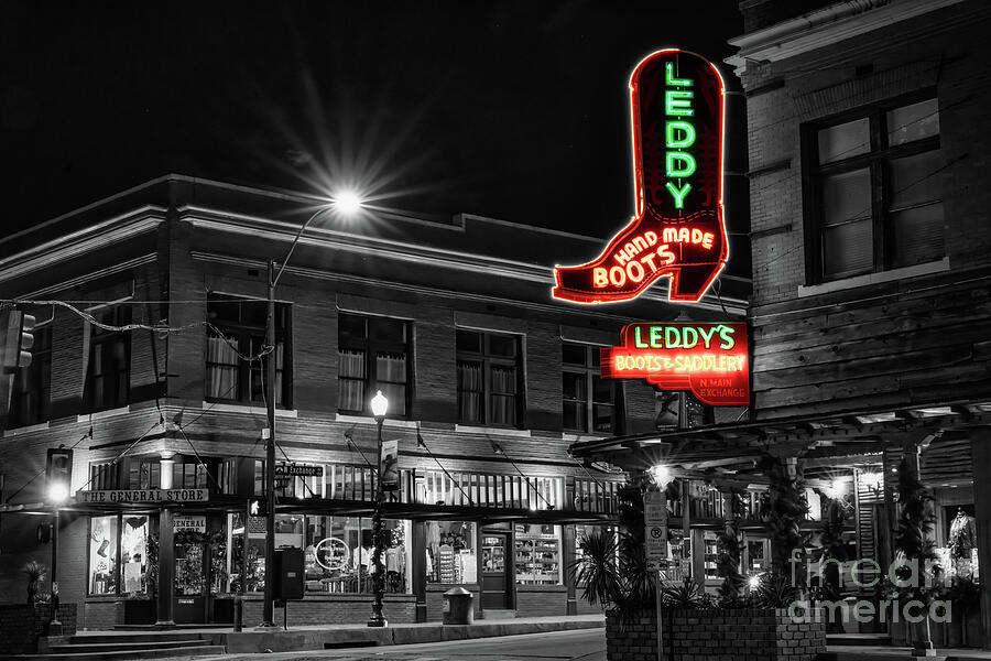 Fort Worth Photograph - Leddy Boots Sign in Selective Color BW by Bee Creek Photography - Tod and Cynthia