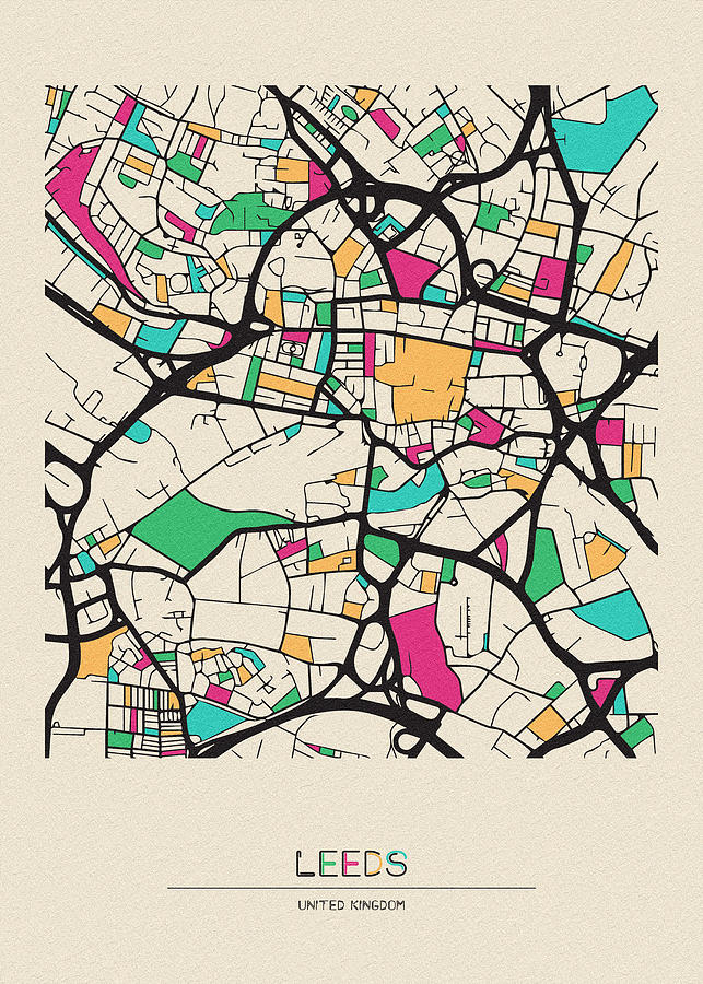 Leeds, England City Map Drawing by Inspirowl Design