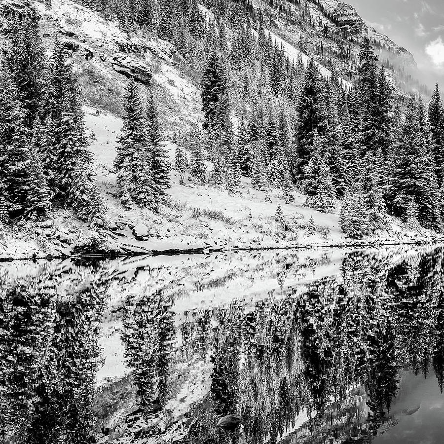 Black And White Photograph - Left Panel 1 of 3 - Maroon Bells Mountain Landscape Panoramic BW - Aspen Colorado by Gregory Ballos