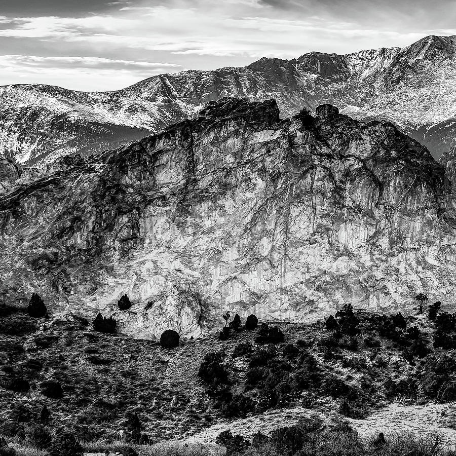 Colorado Springs Photograph - Left Panel 1 of 3 - Pikes Peak Panoramic Mountain Landscape with Garden of the Gods in Monochrome by Gregory Ballos