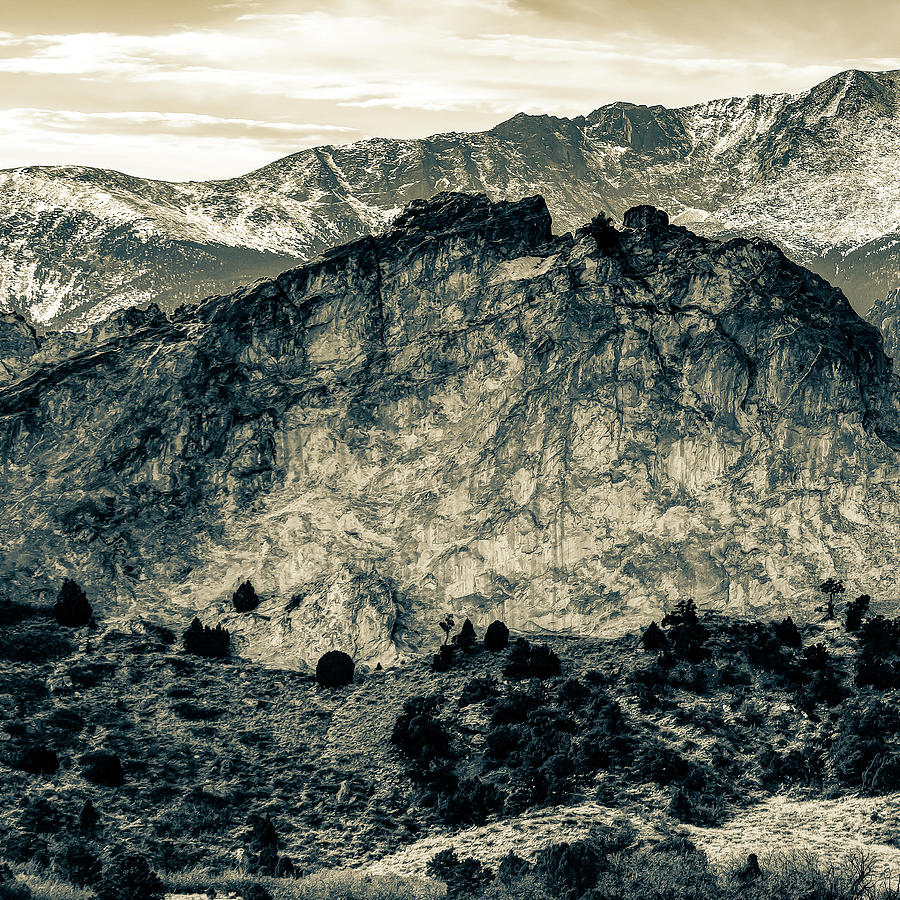 Colorado Springs Photograph - Left Panel 1 of 3 - Pikes Peak Panoramic Mountain Landscape with Garden of the Gods in Sepia by Gregory Ballos