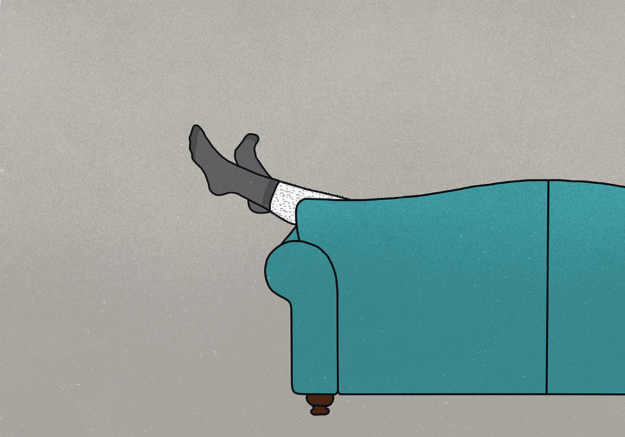 Legs of man in socks dangling off sofa Drawing by Malte Mueller
