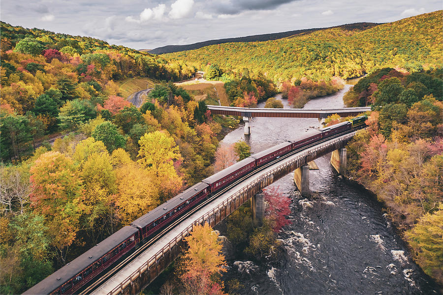 Lehigh Gorge Scenic Railway Aerial Fall Colors Photograph by Jason Fink