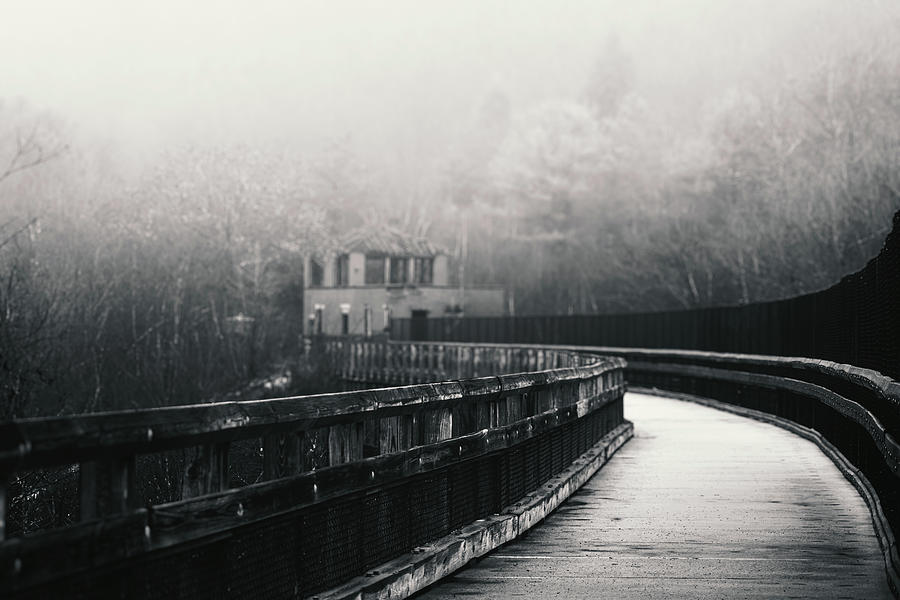 Lehigh Gorge Trail Bridge Fog in Soft Focus Black and White Photograph by Jason Fink