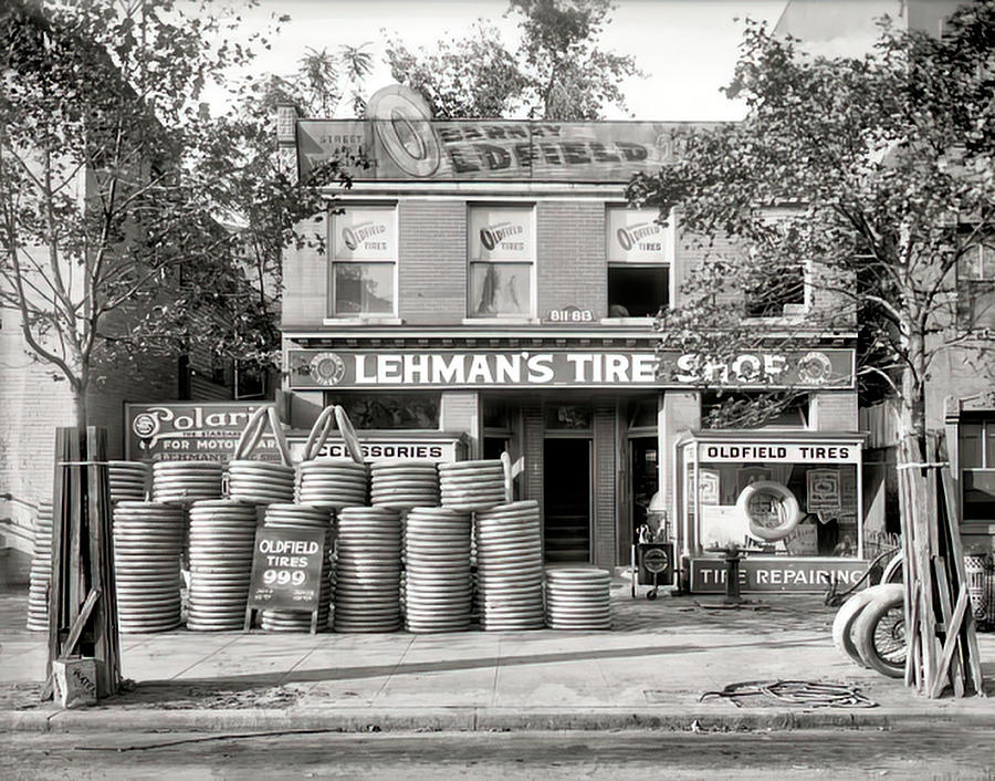 Lehmans Tire Shop 1920 Black and White Photograph by Unknown