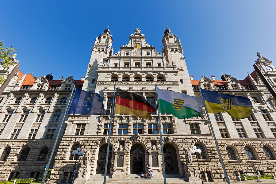 Leipzig new city hall (Neues Rathaus) with flags Photograph by Fhm