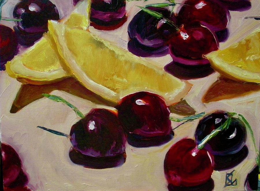Lemon and cherries Painting by Lee Stockwell