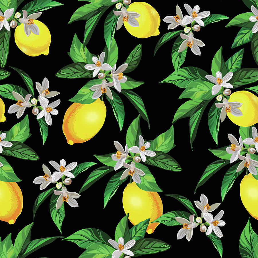 Lemon Pattern With Creative Texture And Flowers. Seamless Decorative Background. Hand Drawing Illustration Drawing