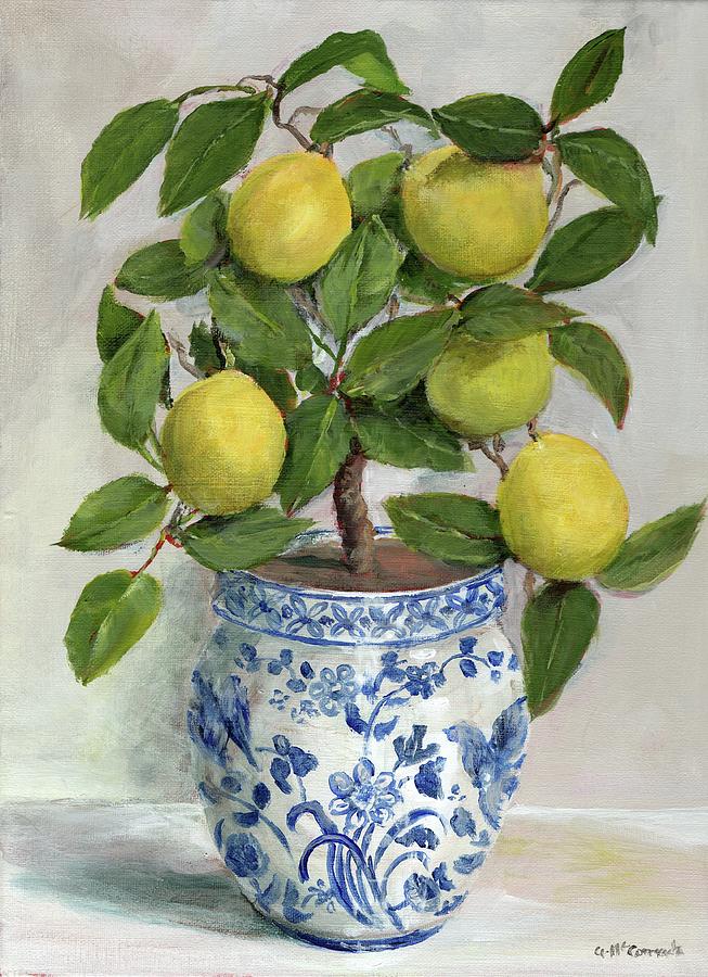 Lemon Topiary in Blue and White planter Painting by Gail McCormack
