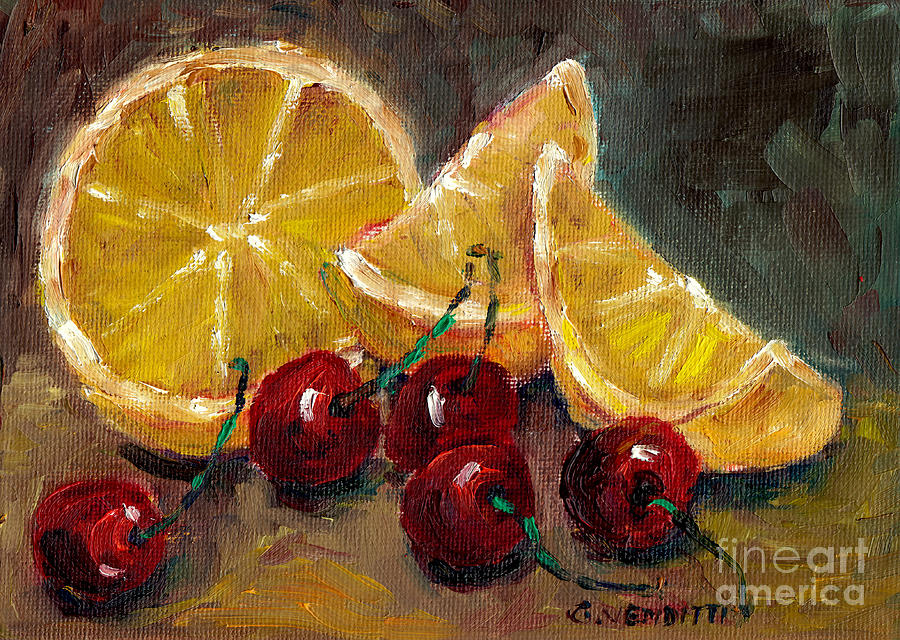 Lemon Wedges And Cherries Kichen Still Life Painting Grace Venditti Artist Painting by Grace Venditti
