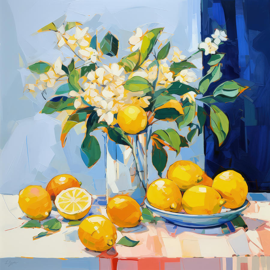 Lemons Against Shades of Blue Painting by Lourry Legarde