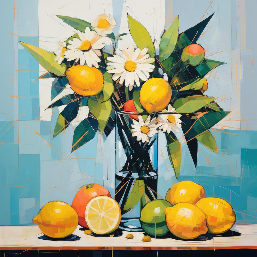 Lemons and Blue Tones  Painting by Lourry Legarde