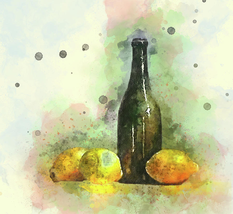 Lemons and Bottle Mixed Media by Pheasant Run Gallery