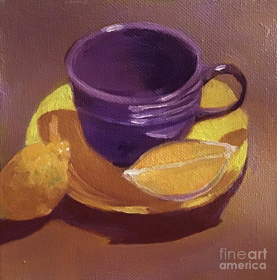 Lemons and Purple Cup Painting by Anne Marie Brown